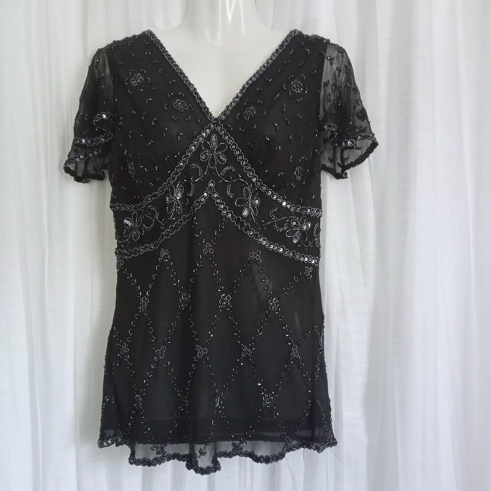 Vintage Adrianna Papell Black Beaded Tunic Top Short Flutter Sleeves Plunge XL